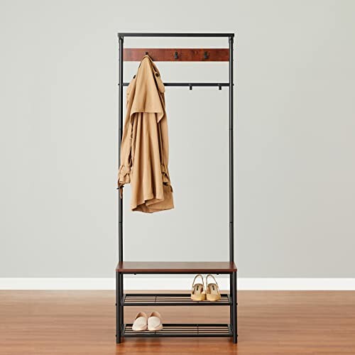 Coat rack with bench, hooks, and shoe storage on wooden floor, perfect for entryways and hallways.