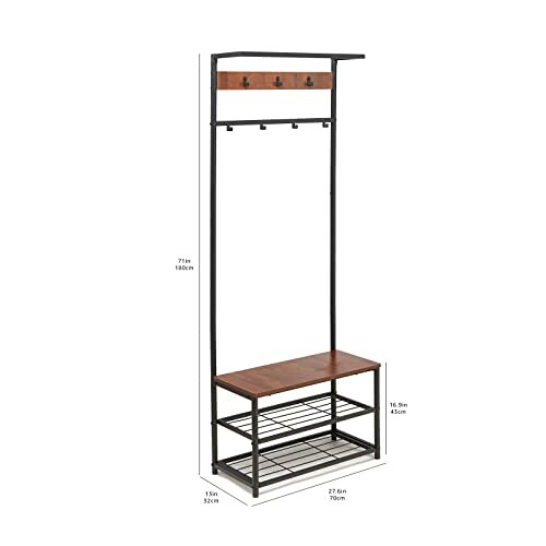 Industrial coat rack with bench and shoe storage, perfect for modern homes with limited space.
