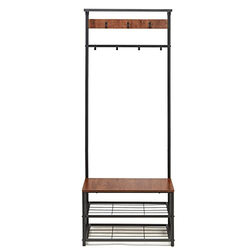 Industrial coat rack with hooks and shoe storage bench, ideal for stylish entryways.