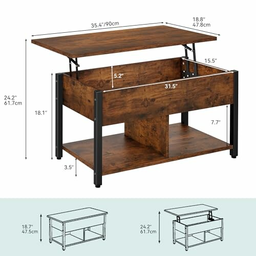 Wooden lift-top coffee table with dimensions and storage space.
