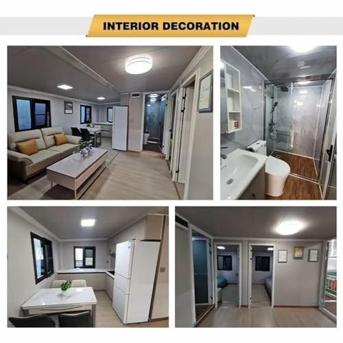 Interior views of a modern tiny home with kitchen, bathroom, living area, and bedroom.
