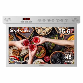 Stylish compact TV fitting seamlessly in a modern kitchen.