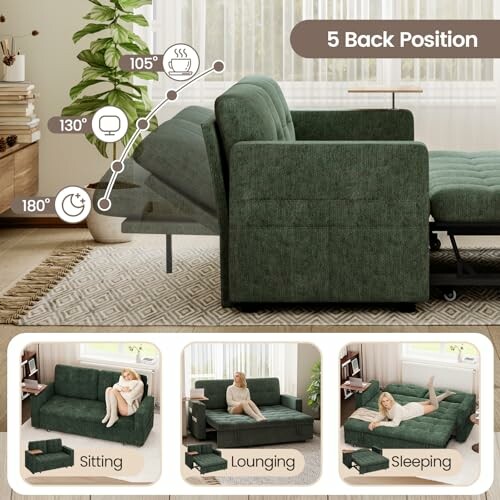 Adjustable sofa bed with five back positions for sitting, lounging, and sleeping.