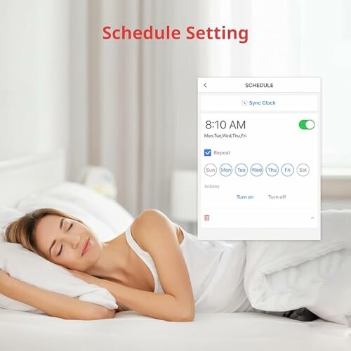 Woman sleeping with alarm schedule setting displayed.