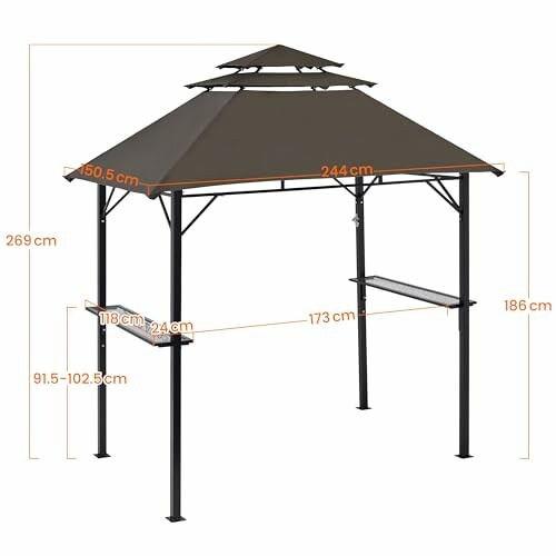 Brown backyard gazebo with shelves and dimensions labeled.