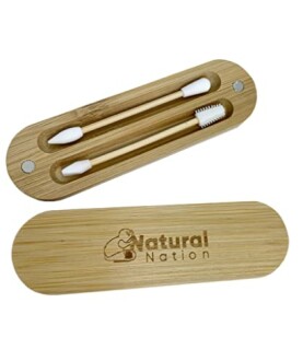 Bamboo case with reusable cotton swabs and brush