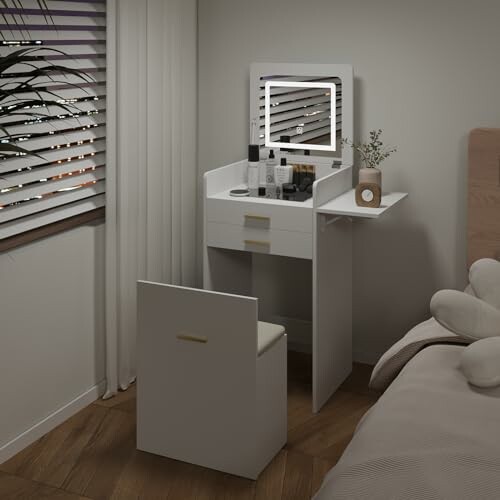 Modern bedroom vanity table with mirror and chair.
