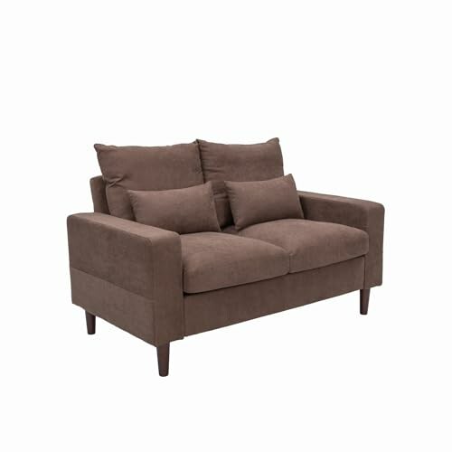 Brown fabric loveseat with cushioned back and armrests