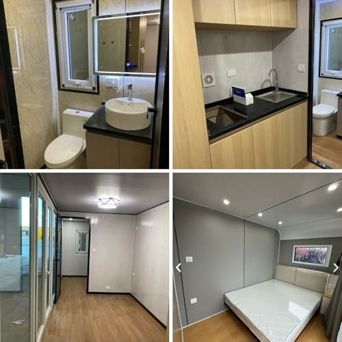 Compact living space with bathroom, kitchenette, and bedroom.