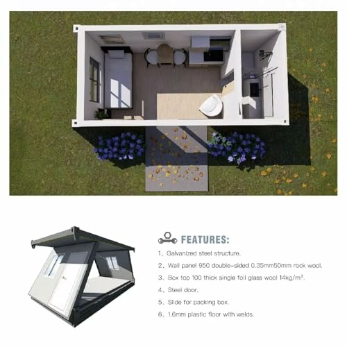 Top view of a compact prefab home layout with features listed below.