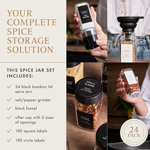 Spice storage set with jars, grinder, and labels