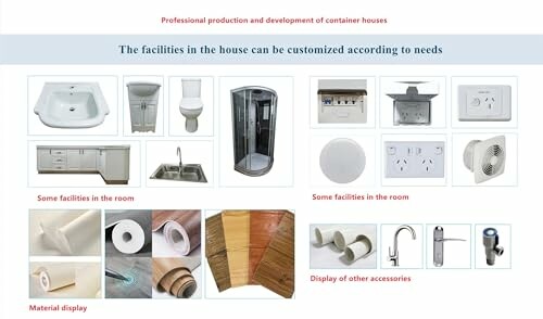 Various customizable facilities for container houses including sinks, shower, outlets, and materials.