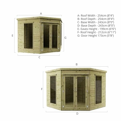 Wooden corner summerhouse with labeled dimensions for roof width, depth, base width, base depth, eaves height, roof height, and door height.