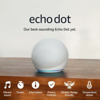 Echo Dot smart speaker on table with features listed