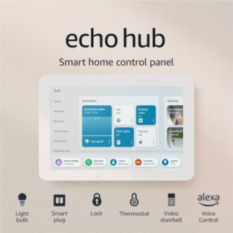 Echo hub smart home control panel with icons for light bulb, plug, lock, thermostat, video doorbell, and voice control.