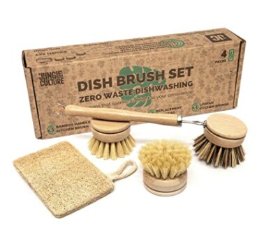 Eco-friendly dish brush set with bamboo handle and loofah sponge.