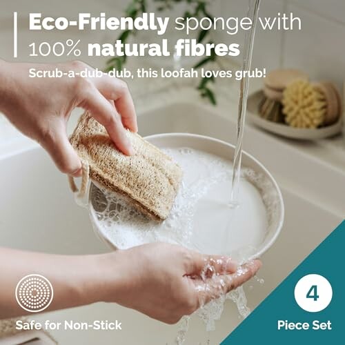 Person using eco-friendly sponge with natural fibers in kitchen sink.