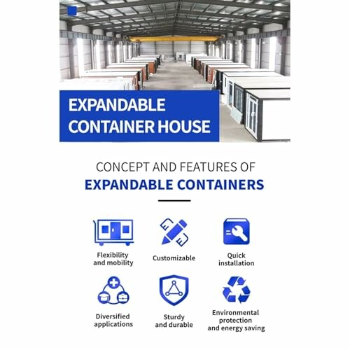 Expandable container house with features: flexibility, customizable, quick installation, diversified applications, sturdy, environmental protection.