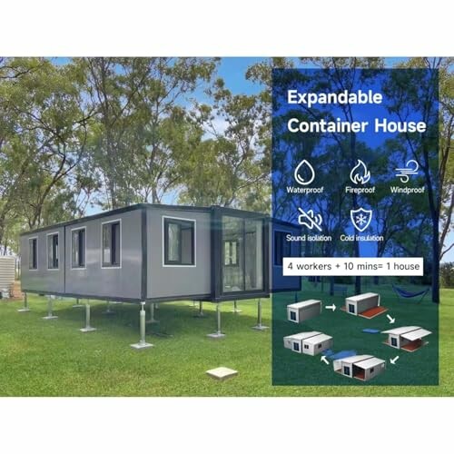 Expandable container house with features like waterproof, fireproof, windproof, sound isolation, and cold insulation.
