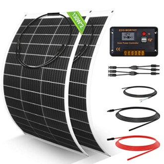 Flexible solar panel kit with power controller and cables.