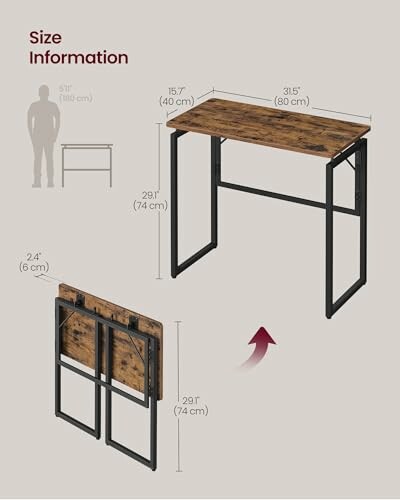 Foldable desk with dimensions and size information.