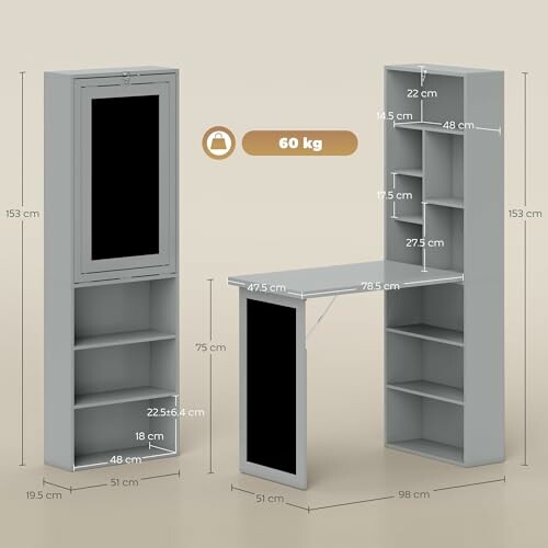 Foldable wall-mounted desk with storage shelves, dimensions shown.