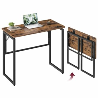 Foldable wooden desk with laptop and plant.