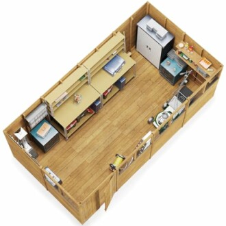 3D model of organized garden shed interior with shelves and tools.