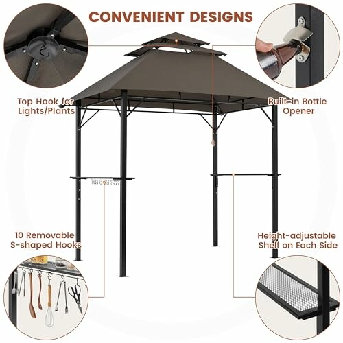 Gazebo with various convenient designs including top hook, bottle opener, S-shaped hooks, and adjustable shelf.