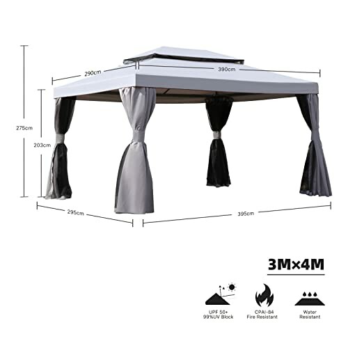 3x4 meter gazebo tent with curtains and dimensions labeled.