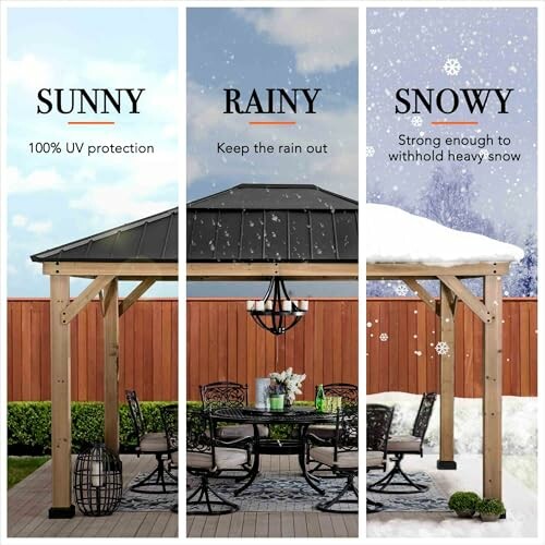 Wooden gazebo with metal roof over outdoor dining set on patio