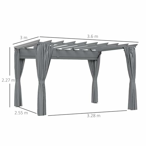 Gray metal pergola with curtains and dimensions labeled.