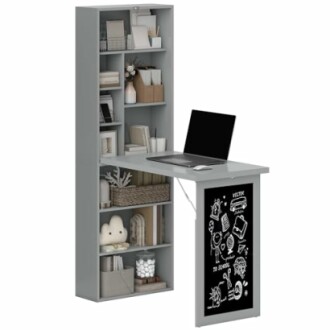 Gray shelving unit with foldable desk and laptop.
