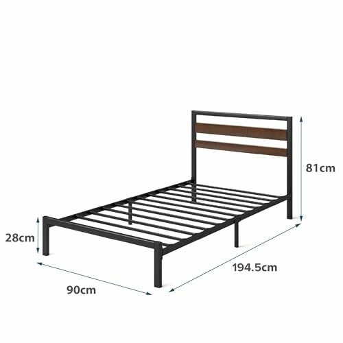 Metal bed frame with dimensions 90cm by 194.5cm and height 81cm.