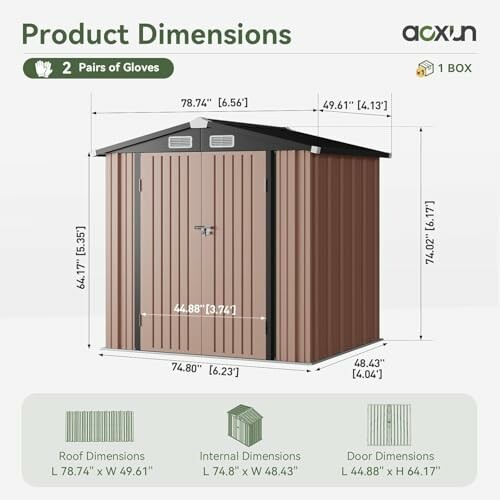 Diagram of metal garden shed with detailed dimensions.