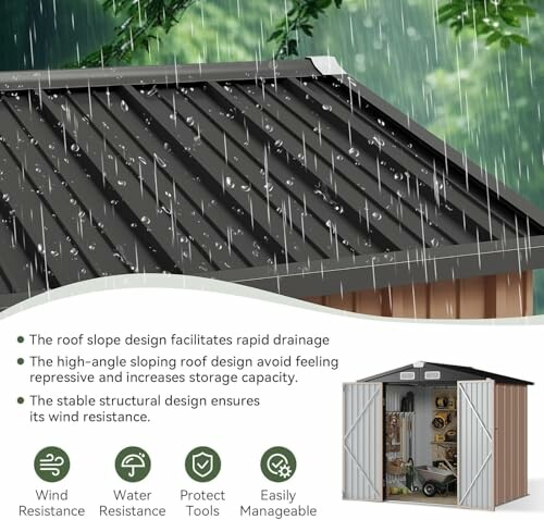 Metal shed with sloping roof in rain, showcasing drainage and storage features.