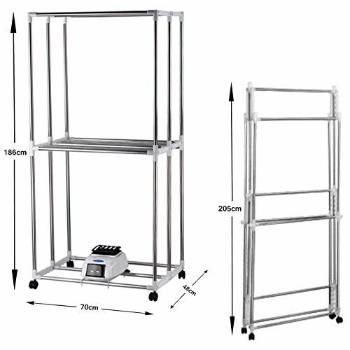 Collapsible metal shelving unit with dimensions.