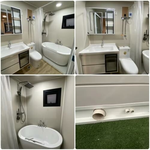 Collage of a modern bathroom with bathtub, shower, vanity, and toilet.