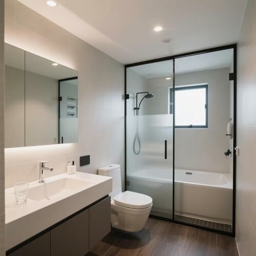 Modern bathroom with glass shower, bathtub, and vanity.