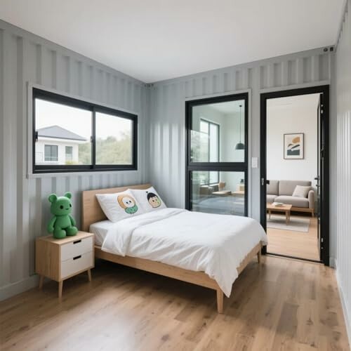 Modern bedroom with wooden bed, cartoon pillows, and a green teddy bear.