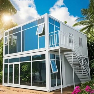 Modern two-story container home with large windows in a tropical setting.