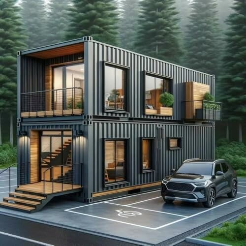 Two-story modern container home with car parked in front.