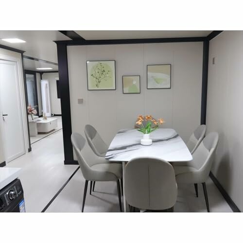 Modern dining area with marble table and six chairs.