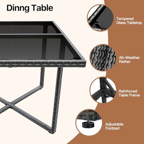Modern dining table with tempered glass tabletop and all-weather rattan