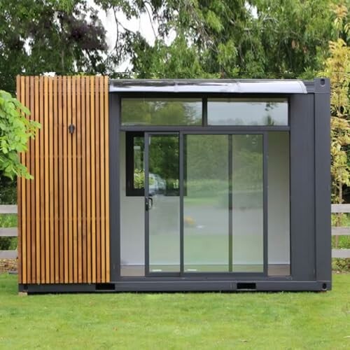 Modern garden office pod with glass doors and wooden paneling.