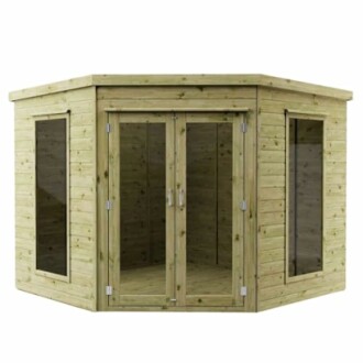 Wooden garden shed with glass doors and windows