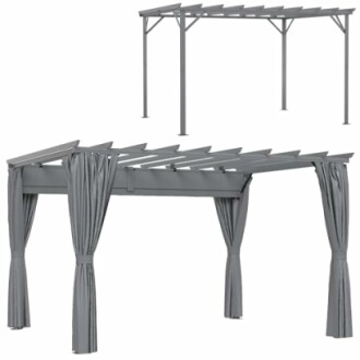 Gray pergola with curtains and open-frame design.