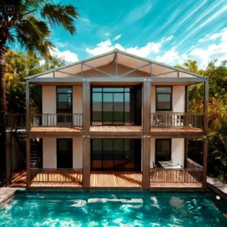 Modern two-story house with large windows and a swimming pool.