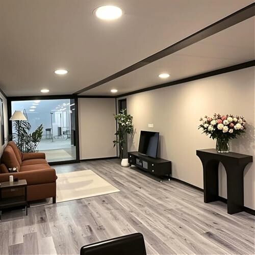Modern living room with brown sofa, wooden floor, and decorative plants.