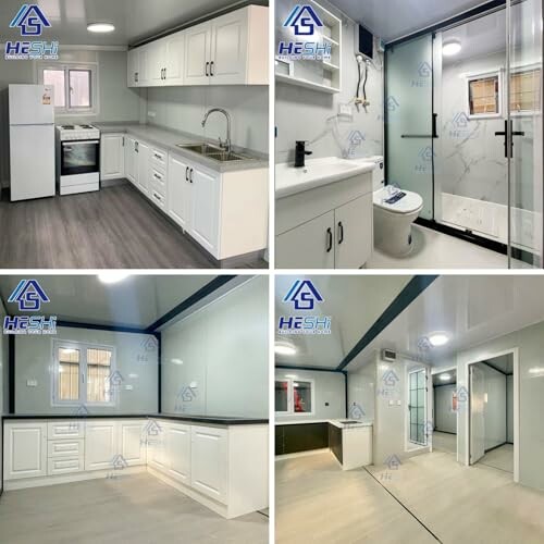 Collage of a modern kitchen and bathroom with white cabinets and sleek design.